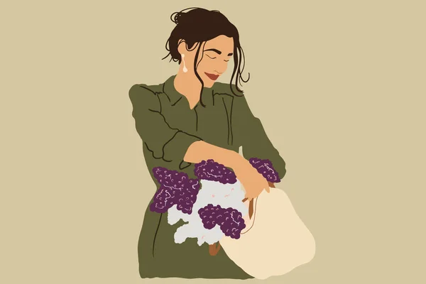 Retrato de una hermosa joven de pie con una bolsa llena de flores — Vector de stock