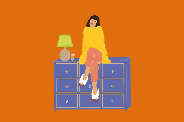 Junge Frau sitzt entspannt auf Kommode mit Lampenschirm — Stockvektor