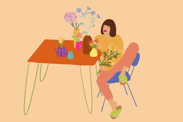 Frau sitzt entspannt am Tisch, der mit verschiedenen Blumen dekoriert ist. Vektorillustration — Stockvektor