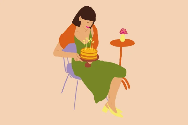 Schöne Frau im Kleid sitzt mit Geburtstagstorte allein — Stockvektor