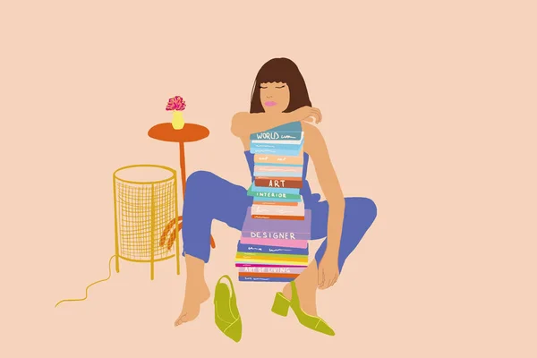Frau sitzt entspannt mit einem Stapel Bücher zu Hause — Stockvektor