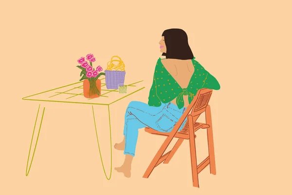 Mulher bonita sentado relaxado à mesa com flores. Ilustração vetorial — Vetor de Stock