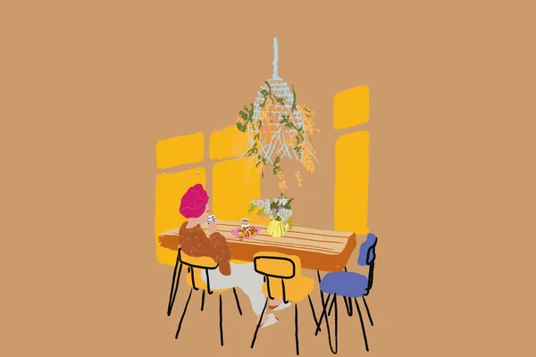 Женщина завтракает, сидит у деревянного стола и пьет кофе в солнечной гостиной — стоковый вектор