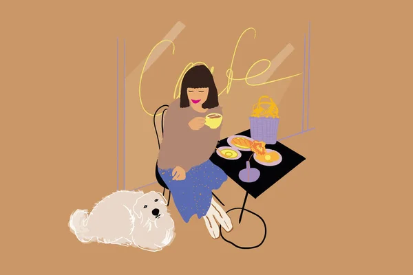 Frau trinkt Kaffee, während sie mit ihrem Hund auf der Café-Terrasse sitzt. Vektorillustration — Stockvektor