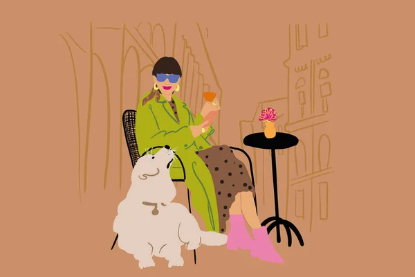 Стильная женщина с собакой на террасе кафе. Векторная иллюстрация — стоковый вектор