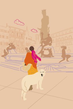 Florence City 'de seyahat ederken köpeğiyle ünlü Neptune çeşmesinin önünde duran bir kadın. Vektör illüstrasyonu