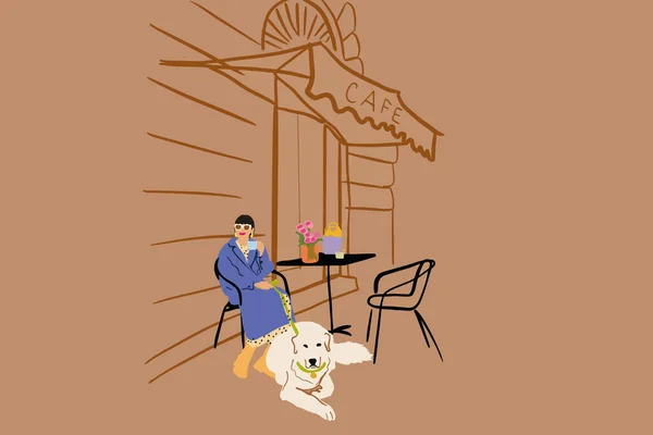 Stilvolle Frau mit Hund im Café auf der Straße. Vektorillustration — Stockvektor