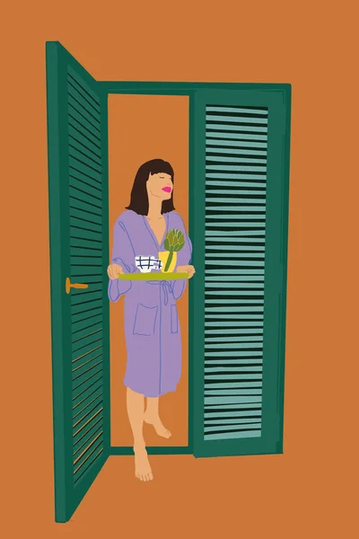 Mujer en albornoz saliendo de las puertas con desayuno — Archivo Imágenes Vectoriales