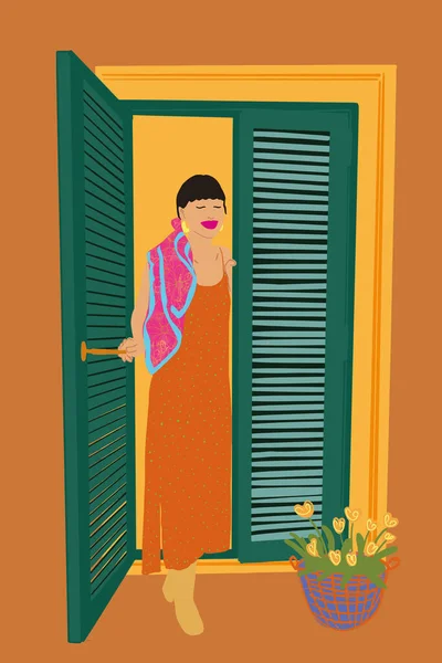 Frau in Kleid schaut mit Jalousien aus dem Fenster. Vektorillustration — Stockvektor