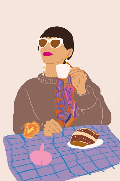 Mulher tomando café da manhã italiano, sentada à mesa com pano xadrez. Ilustração vetorial — Vetor de Stock