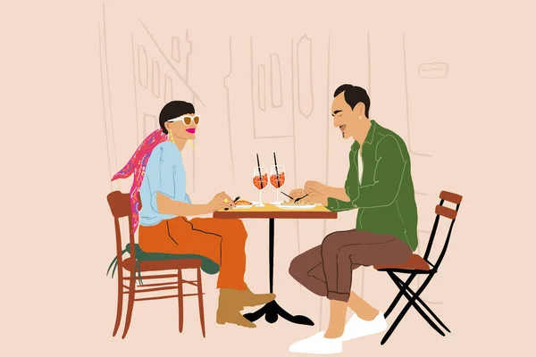 Paar sitzt zusammen auf Restaurantterrasse an der Stadtstraße — Stockvektor