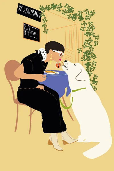 Женщина ест спагетти со своей очаровательной собакой на террасе кафе — стоковый вектор