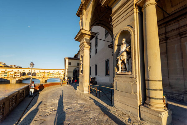 Morning street view on facade of Uffizi museum in Florence