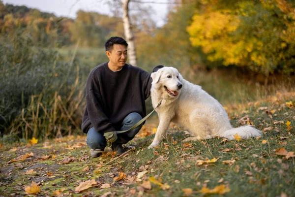 Muž hladí psa a odvrátit pohled v přírodě na podzim — Stock fotografie