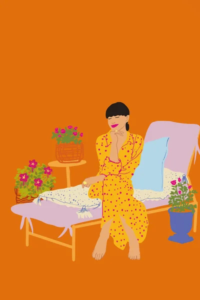 一个优雅的女人坐在开着花的日光浴床上的画像 — 图库矢量图片