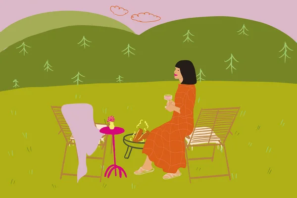 在山上野餐的女人 — 图库矢量图片