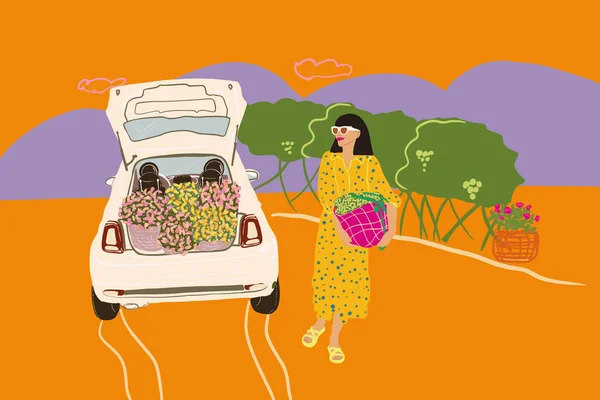 自然の上で屋外の花とバッグを運ぶドレスの女性 — ストックベクタ