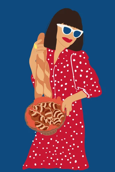 Žena v červených šatech s croissantem a bagetou — Stockový vektor