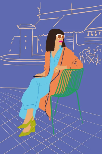 Stilvolle Frau sitzt auf Stuhl in der Stadt — Stockvektor
