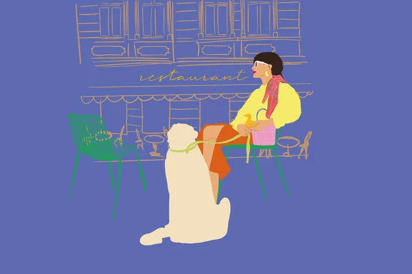 Mujer con estilo con su perro en el café en la calle. Ilustración vectorial — Vector de stock