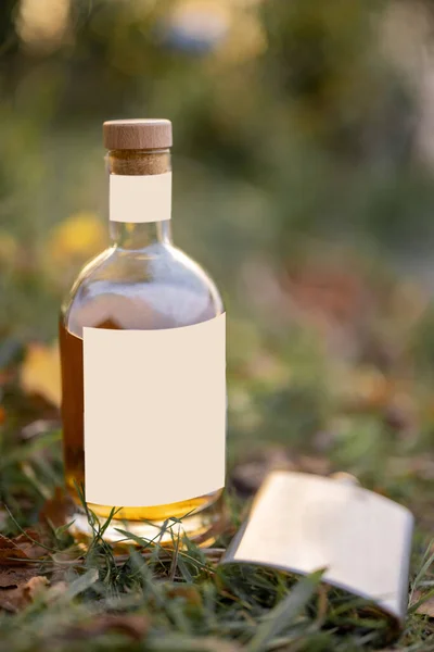 Bottle and flask on the grass at picnic — Stock Photo, Image