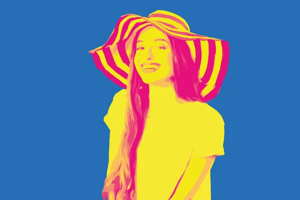 Ilustración de la mujer en sombrero aislado sobre fondo azul — Vector de stock