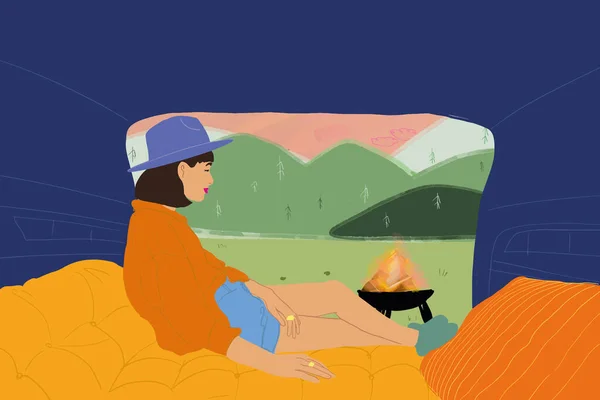 Woman having picnic, traveling by car in the mountains — ストックベクタ