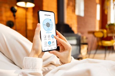 Akıllı ev uygulaması olan telefonu tutan kadın