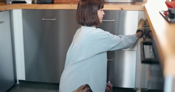 Mujer limpieza muebles de cocina fachadas en casa — Vídeo de stock