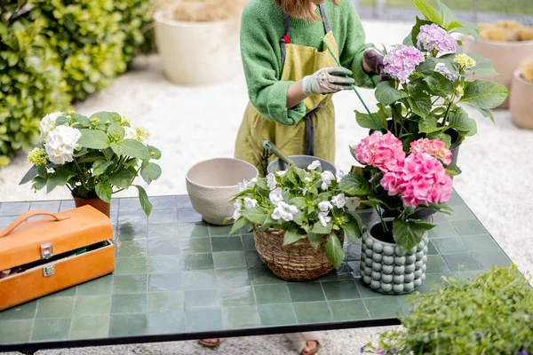 Жінка доглядає за квітами на столі в саду — стокове фото