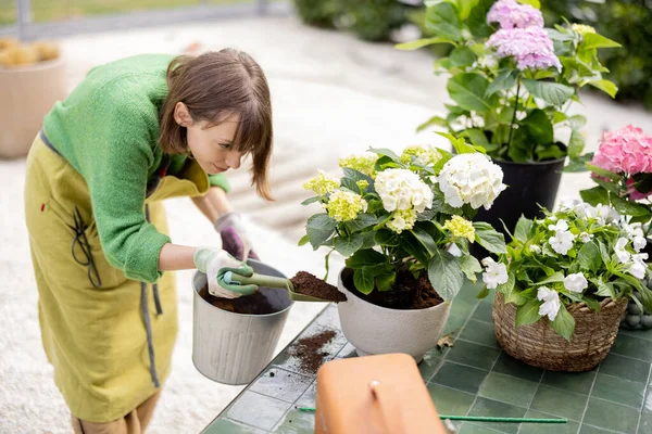 Mulher plantando flores em vasos na mesa no jardim — Fotografia de Stock