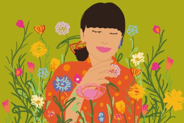 Çiçek motifli genç bir kadının çizimi.