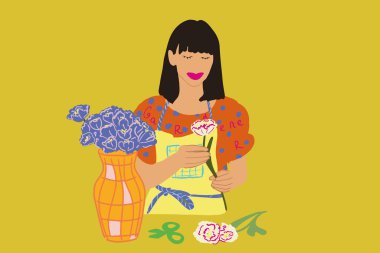 Arka planda çiçekleri olan bir kadının çizimi