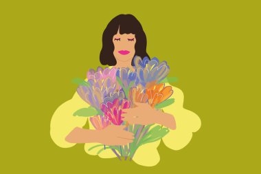 Çiçek motifli genç bir kadının çizimi.