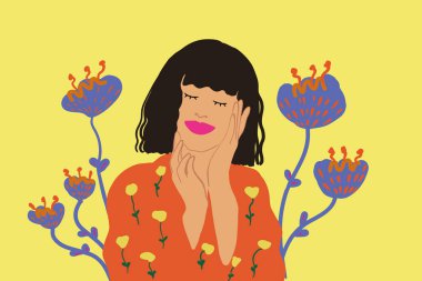 Çiçek motifli genç bir kadının çizimi.