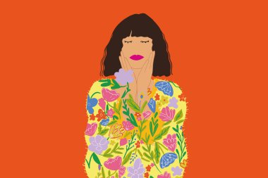 Çiçek motifli genç bir kadının çizimi.