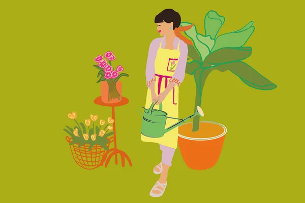 Vector illustration of young florist taking care of plants — Vetor de Stock