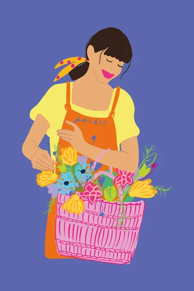Rysunek kobiety z kwiatami na tle — Wektor stockowy