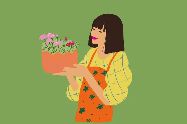 Σχέδιο μιας γυναίκας με λουλούδια στο παρασκήνιο — Διανυσματικό Αρχείο