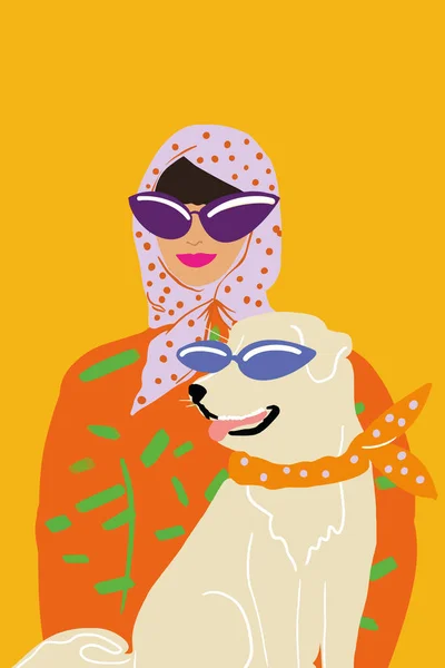 Zeichnung einer stilvollen Frau im Retro-Stil mit ihrem Hund im Hintergrund — Stockvektor