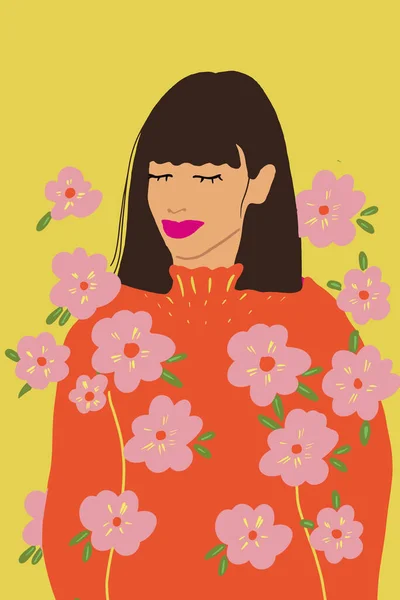 Zeichnung einer jungen Frau mit floralem Motiv — Stockvektor