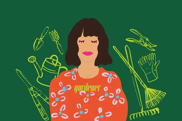 Frau mit Zeichnungen von Gartengeräten im Hintergrund — Stockvektor