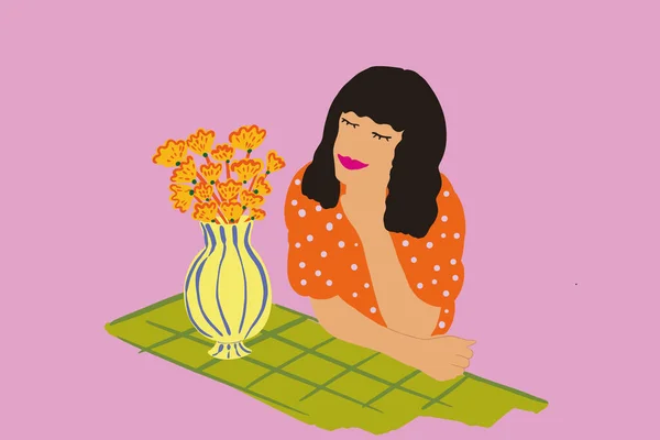 Porträt einer schönen Frau mit Blumen — Stockvektor