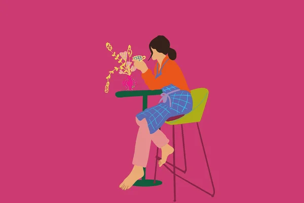 Stilvolle Frau sitzt am Tisch mit Blumen — Stockvektor