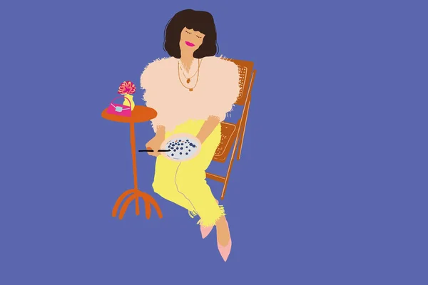 Zeichnung einer stilvollen Frau bei einem Imbiss im Café — Stockvektor