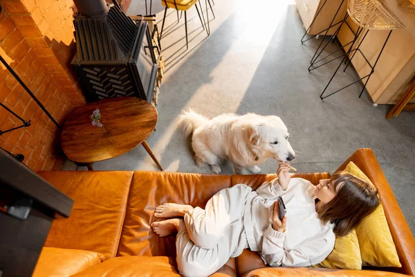 소파에 누워 편안하게 누워 집에서 개와 전화를 사용하는 여자 — 스톡 사진