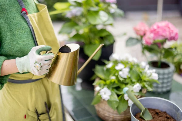 Çiçekleri sulayan kadın.