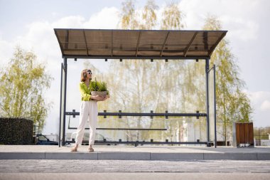 Woman with flowerpot at modern bus stop