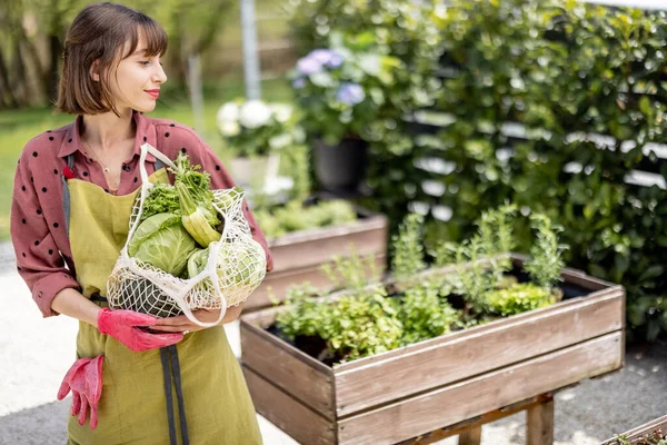 Жінка з сітчастою сумкою, повна свіжих овочів і зелені в домашньому саду — стокове фото