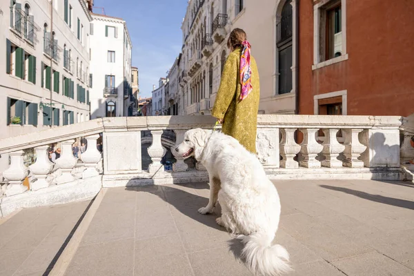 Mujer con perro viajando en Venecia, Italia — Foto de Stock